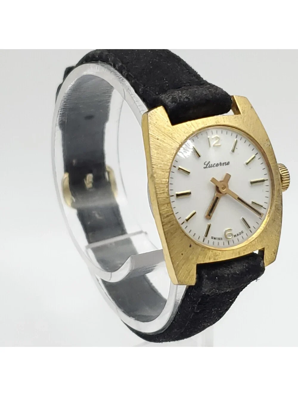 Vintage Lucerne Mechanical Watch Women Running Gold Tone Black Band 23mm